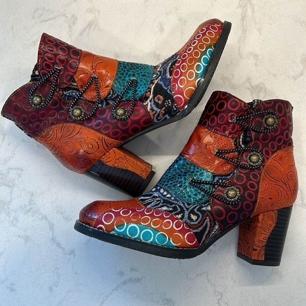 Johnature Leather Mixed Colors Boots Shoes Zip Round Toe Sewing High Heel Ankle - Picture 16 of 16